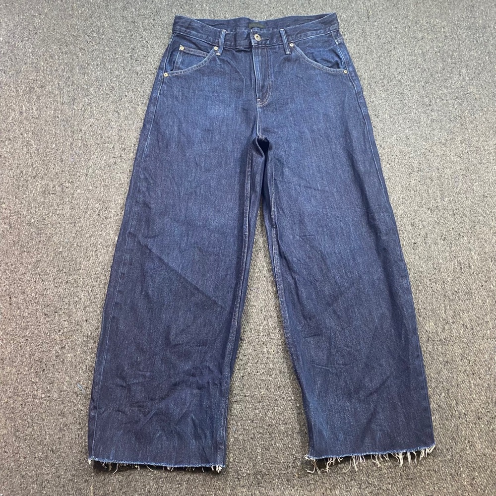 Uniqlo Wide Leg Jeans Sz 27 Womens Blue Streetwear Raw Hem High Rise Denim